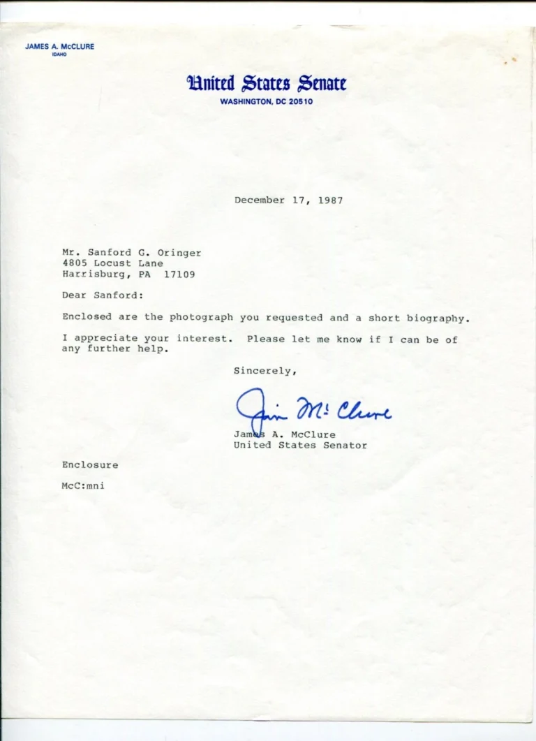 James A. McClure Idaho US Senator Representative Congress Signed Autograph TSL