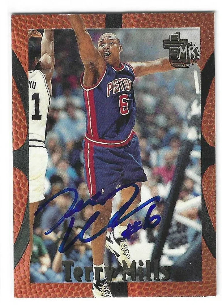 Terry Mills Signed 1994/95 Topps Embossed Card #30 Detroit Pistons