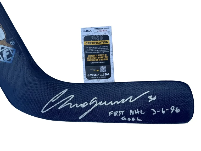 Chris Osgood Signed & Inscribed 1st NHL Goal Detroit Red Wings Goalie Stick JSA