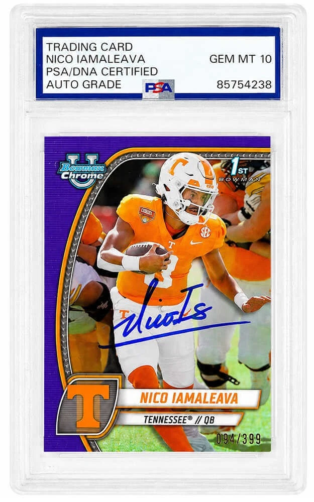 Nico Iamaleava Signed 2024 Bowman Chrome Purple Refractor Card #139 -PSA Auto 10