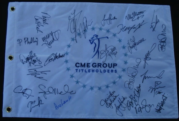 CME TITLEHOLDERS GOLF FLAG AUTOGRAPHED BY 27 SUPERSTARS (MICHELLE WIE) W/ PROOF!