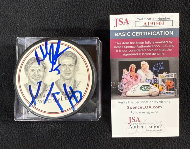Vladimir Konstantinov Nicklas Lidstrom Signed Detroit Red Wings BK Puck JSA COA