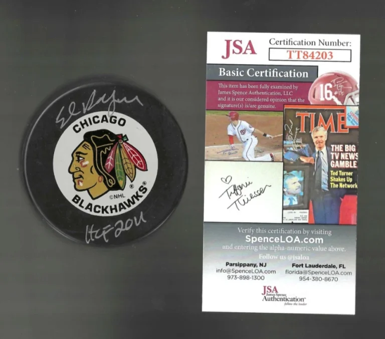 Ed Belfour Signed & Inscribed Chicago Blackhawks In Glas Co Puck JSA COA