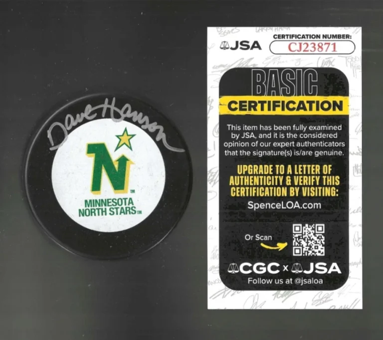 Dave Hanson Signed Minnesota North Stars Puck Slap Shot JSA COA