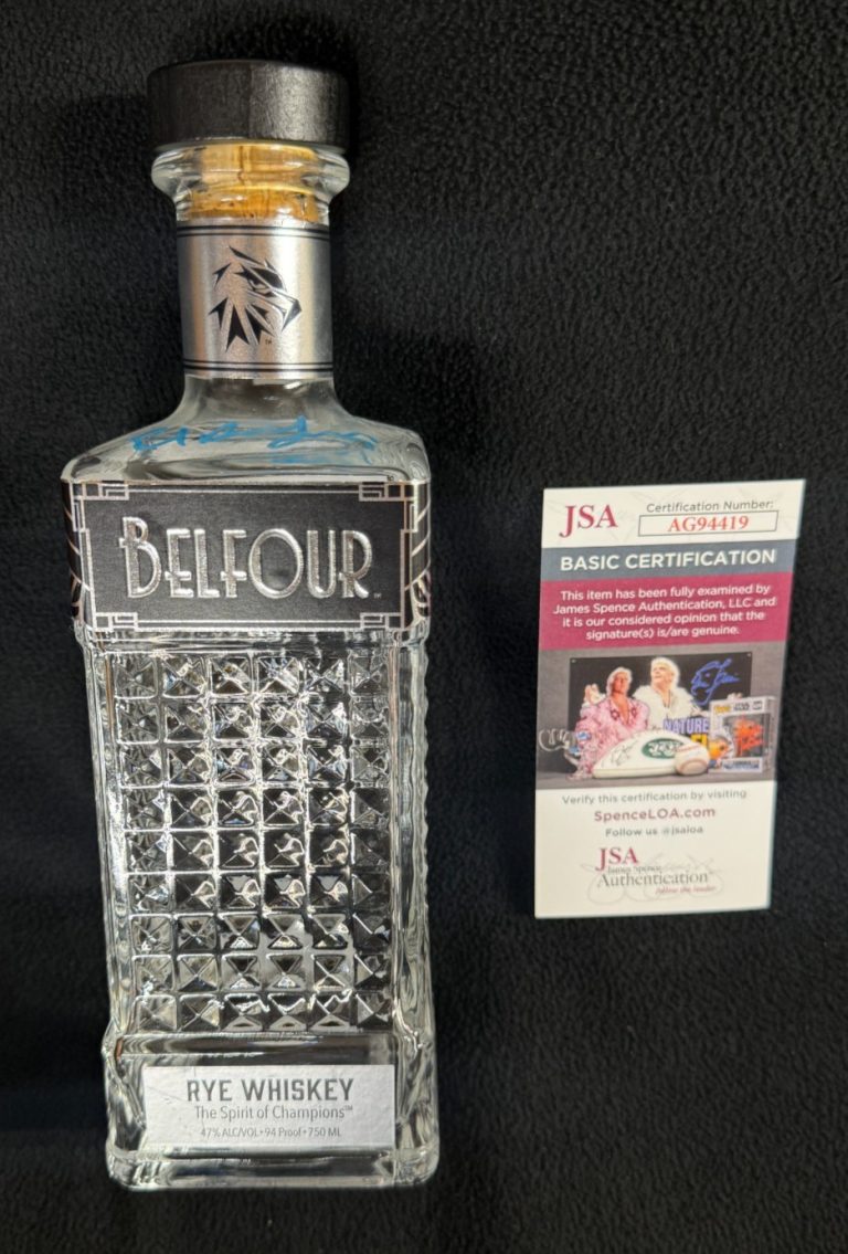Ed Belfour Signed & Inscribed Spirits Rye Empty Whiskey Bottle JSA COA