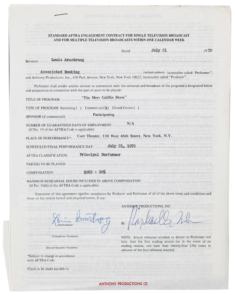 Louis Armstrong Signed 8.5x11 1970 Merv Griffin Show Contract BAS #AC33272