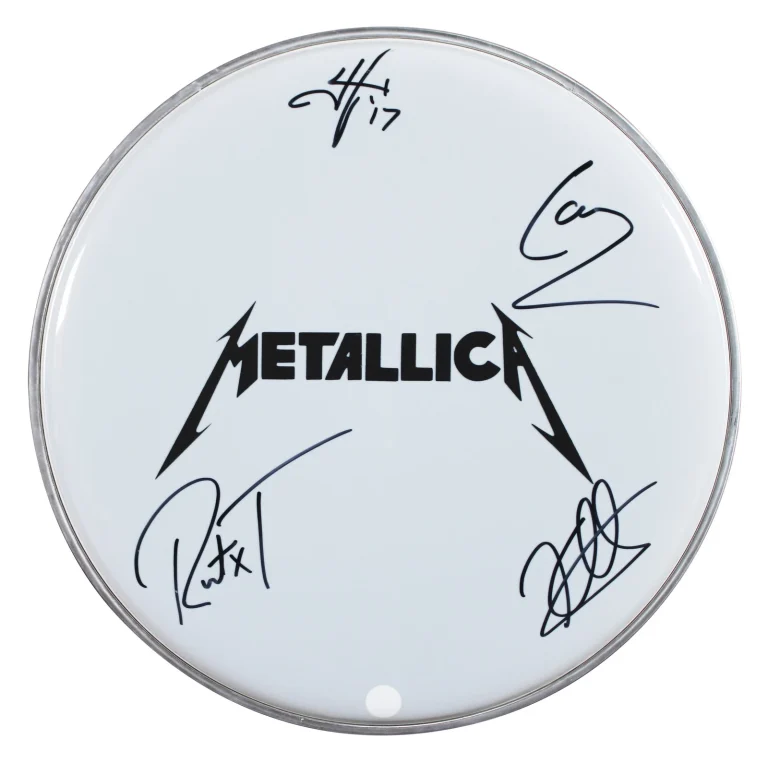 Metallica (4) Hetfield, Ulrich, Hammett & Trujillo Signed 11 Inch Drum Head PSA