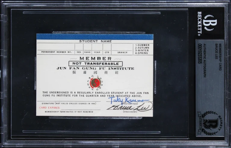 Bruce Lee Authentic Signed Jun Fan Gung Fu Institute Membership Card BAS Slabbed