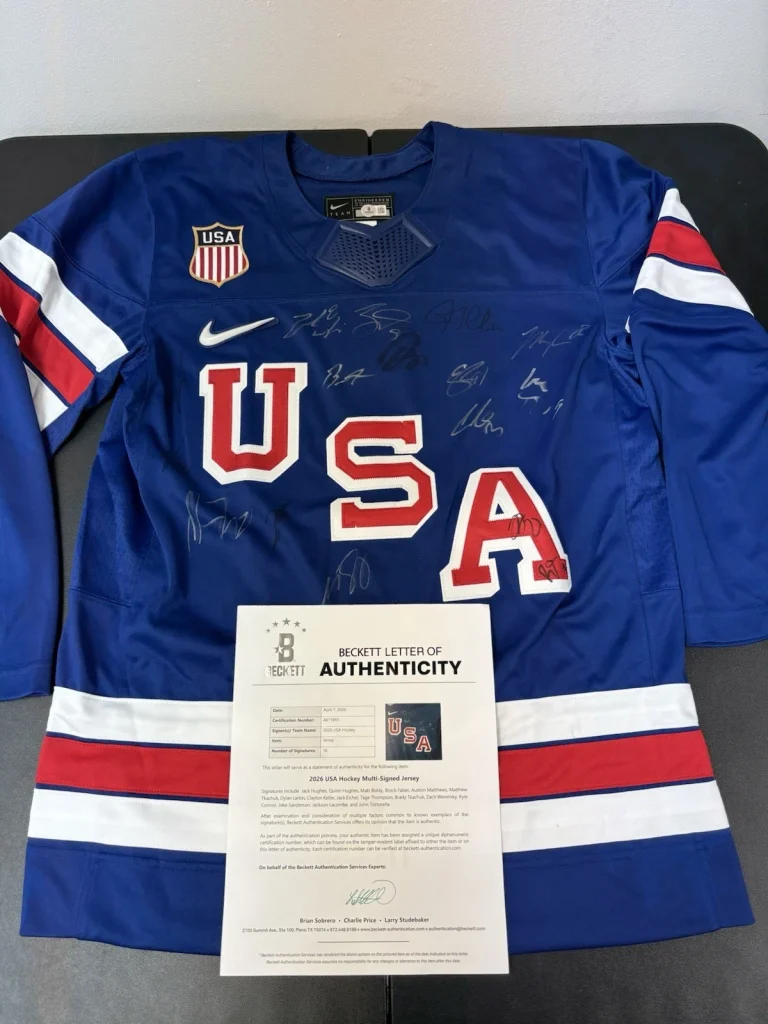 Team USA Hockey Autographed 26 Olympics Jersey Hughes Tkachuk + Beckett. 16 Sigs