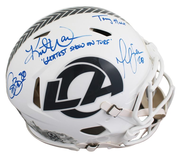 Rams (4) Bruce, Warner, Faulk +1 Signed STS III F/S Speed Proline Helmet BAS Wit