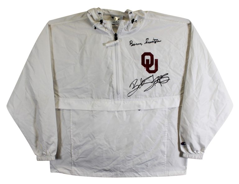 OU Barry Switzer & Bob Stoops Signed White Windbreaker Jacket BAS Wit #2W701842