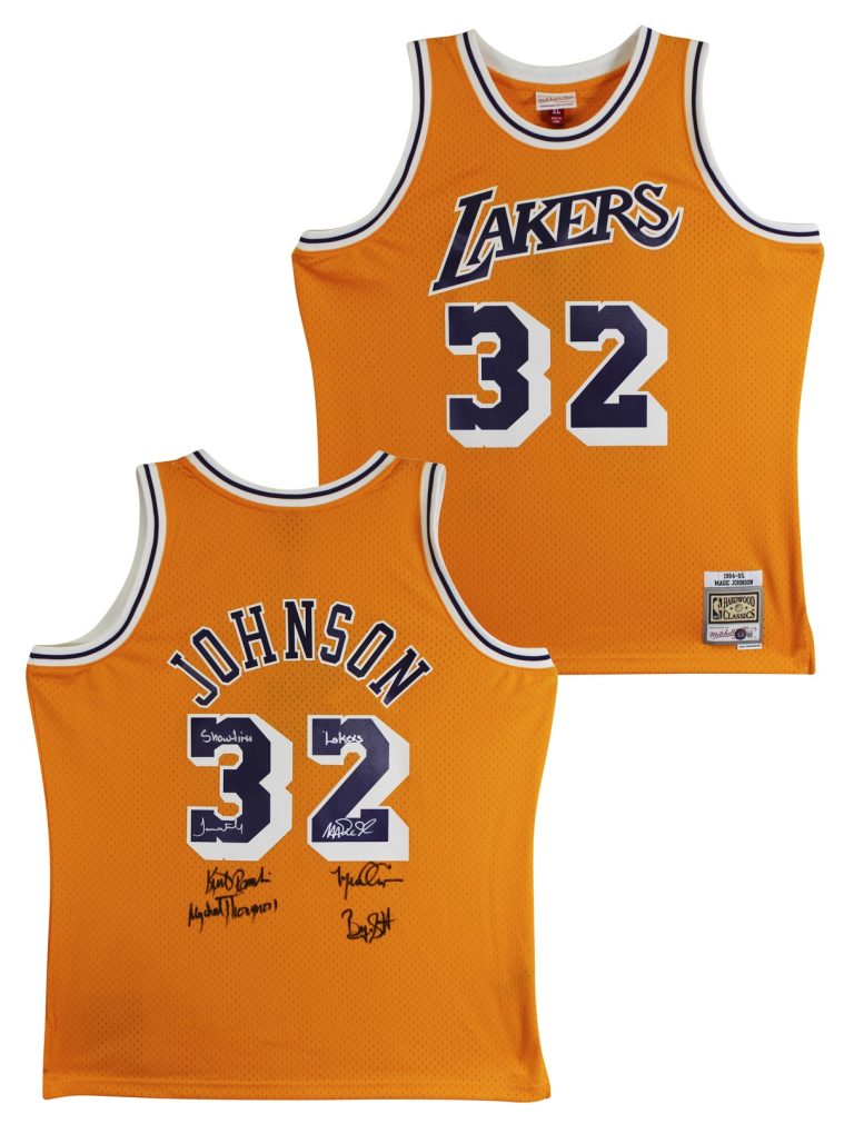 Showtime Lakers (6) Johnson, Worthy, Rambis +3 Signed Yellow M&N Jersey BAS Wit