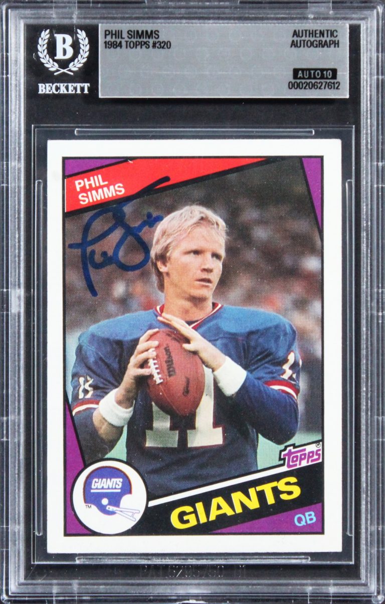 Giants Phil Simms Signed 1984 Topps #320 Card Auto Grade Gem Mint 10! BAS Slab