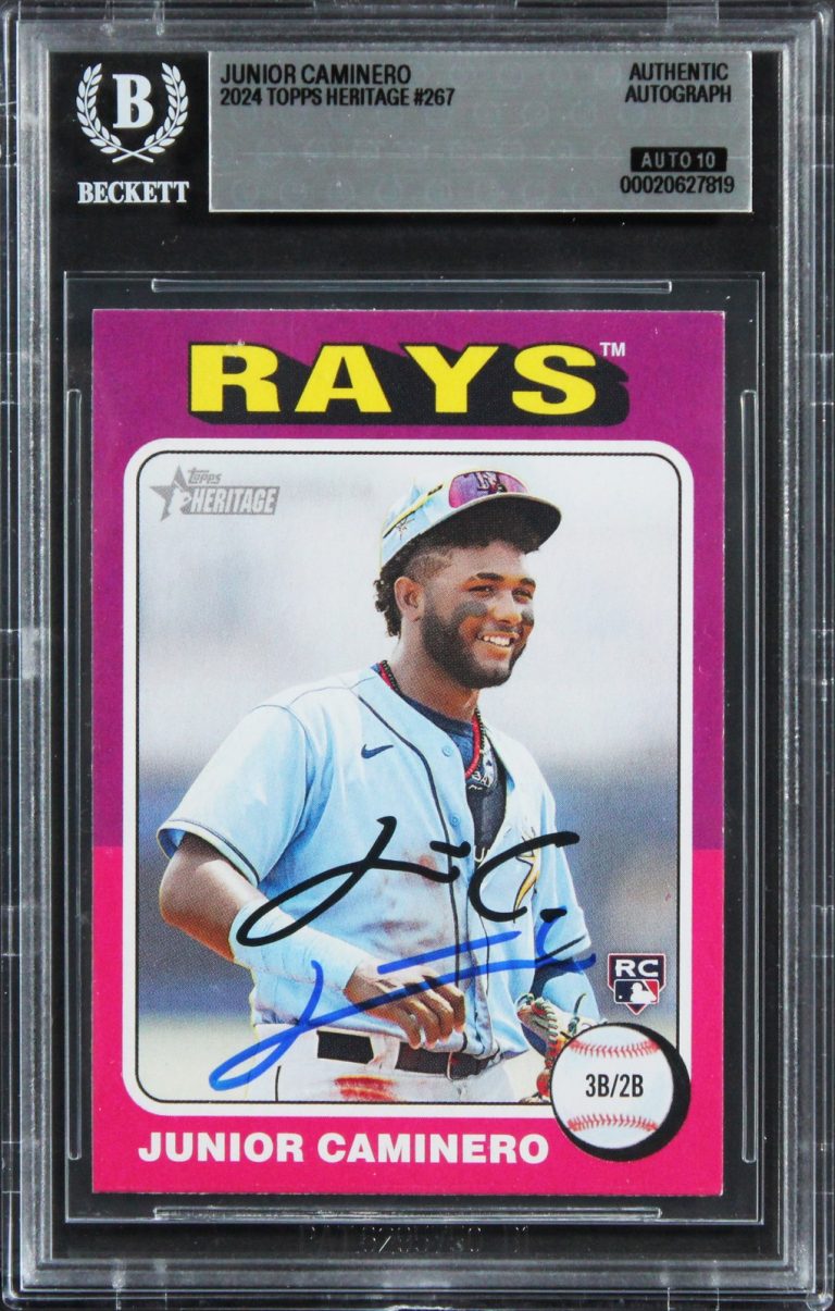 Rays Junior Caminero Signed 2024 Topps Heritage #267 RC Card Auto 10! BAS Slab