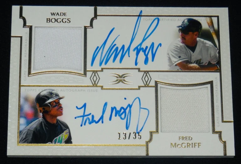 WADE BOGGS & FRED MCGRIFF AUTOGRAPHED DUAL RELIC BASEBALL CARD #13 of 35!