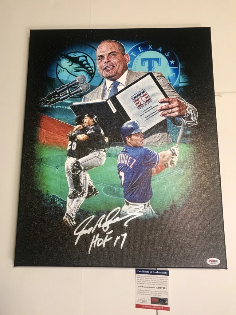 IVAN RODRIGUEZ SIGNED 16x20 CANVAS TEXAS RANGERS MARLINS HOF PUDGE PSA DNA CERT
