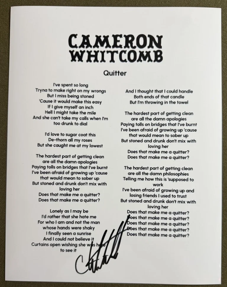 CAMERON WHITCOMB SIGNED LYRIC SHEET SINGER QUITTER AUTOGRAPH AUTHENTIC COA