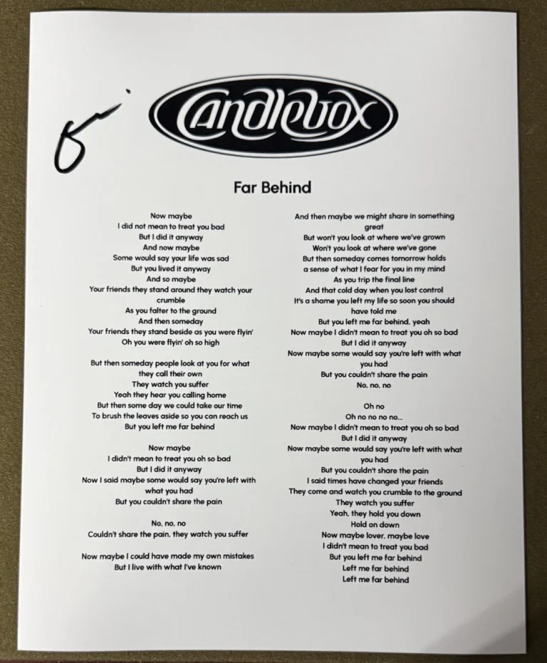 KEVIN MARTIN SIGNED LYRIC SHEET CANDLEBOX FAR BEHIND AUTOGRAPH COA