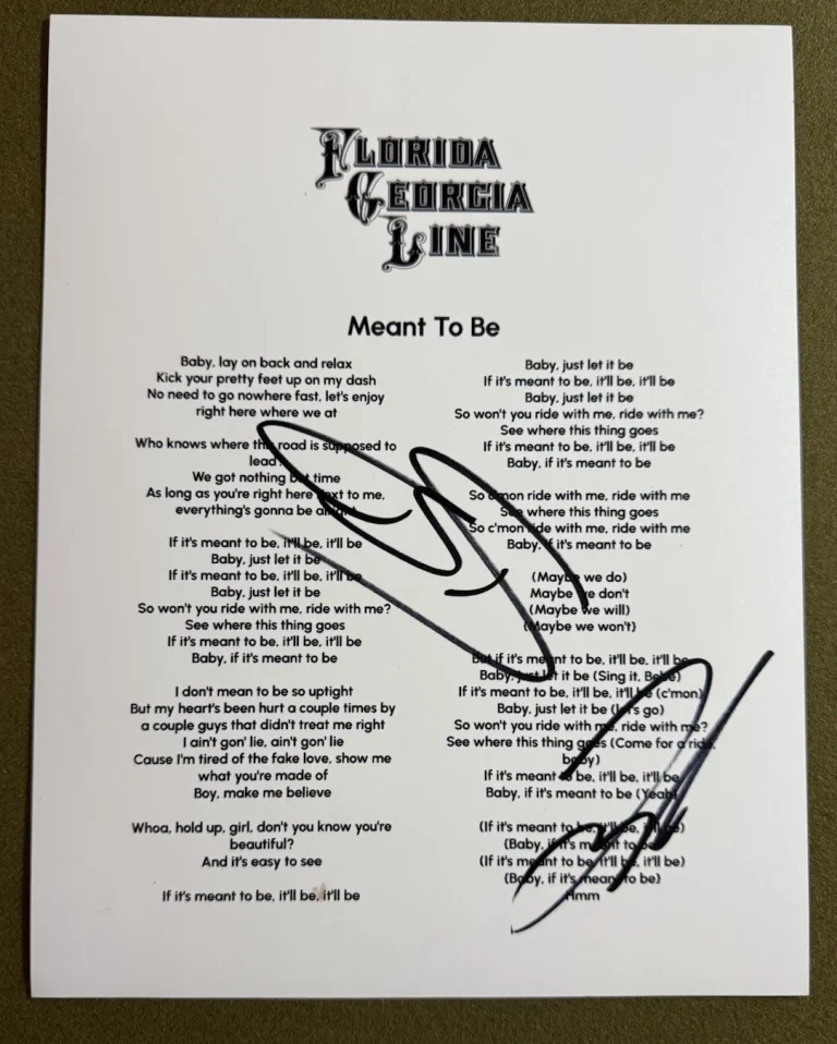 FLORIDA GEORGIA LINE SIGNED LYRIC SHEET MEANT TO BE AUTOGRAPH COA