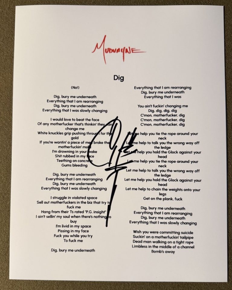 CHAD GRAY SIGNED LYRIC SHEET MUDVAYNE SINGER DIG AUTOGRAPH AUTHENTIC COA