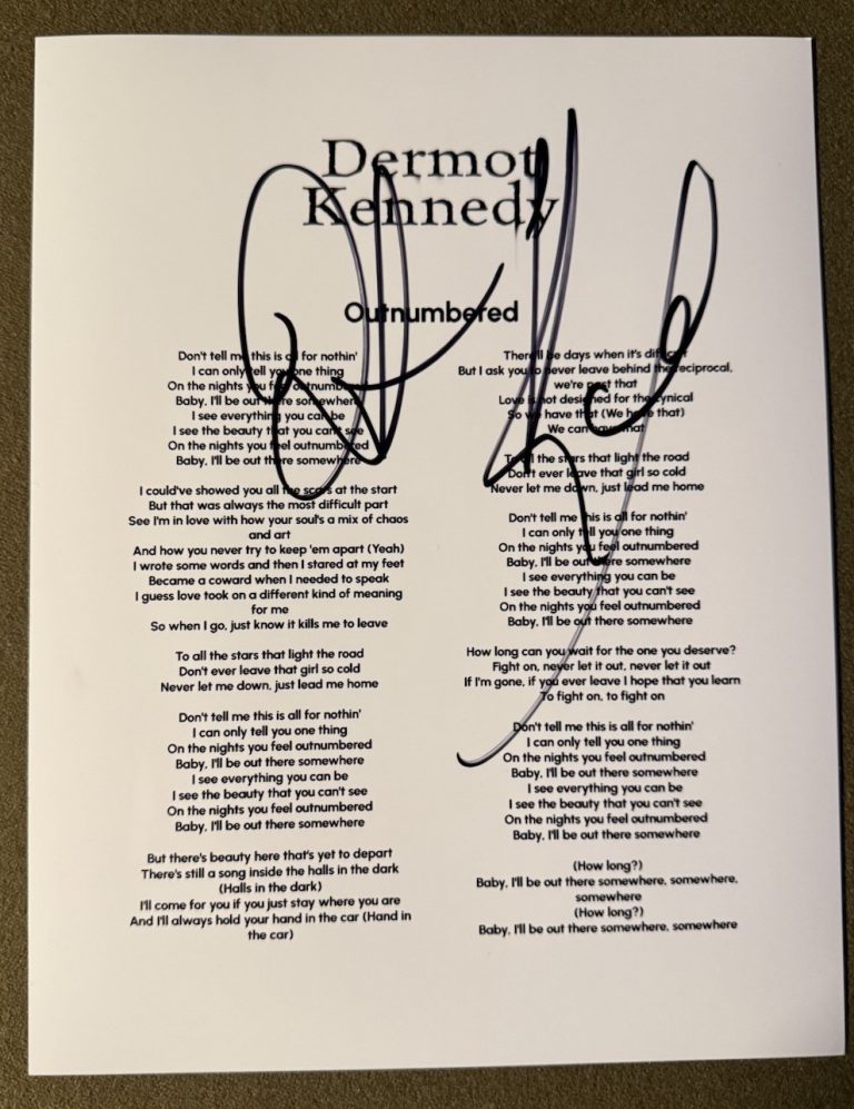 DERMOT KENNEDY SIGNED OUTNUMBERED SINGER LYRIC SHEET AUTOGRAPH AUTHENTIC COA