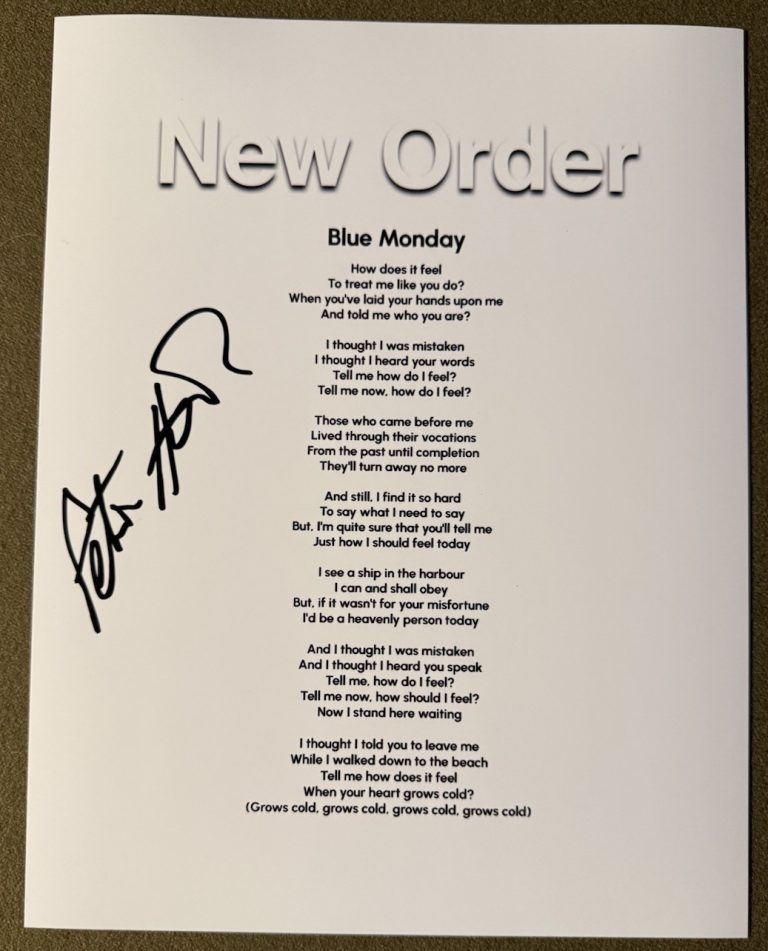 PETER HOOK SIGNED LYRIC SHEET NEW ORDER BLUE MONDAY AUTOGRAPH AUTHENTIC COA