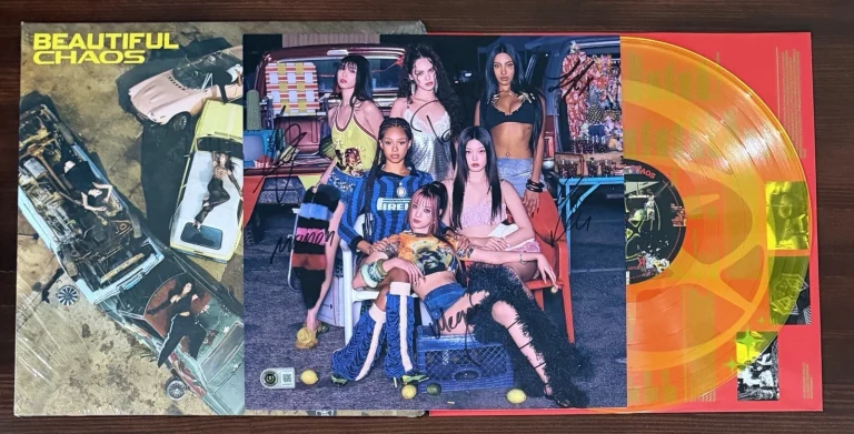 Katseye SIGNED Beautiful Chaos Card & Yellow Vinyl LP Beckett BAS COA Autograph