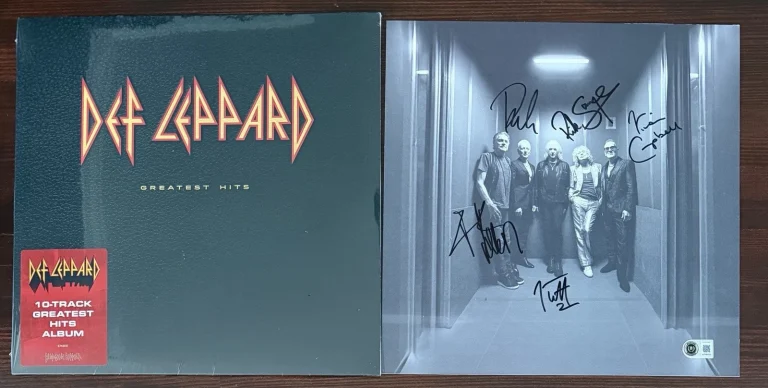 Def Leppard SIGNED Greatest Hits Album Card & Vinyl Beckett BAS COA Autograph
