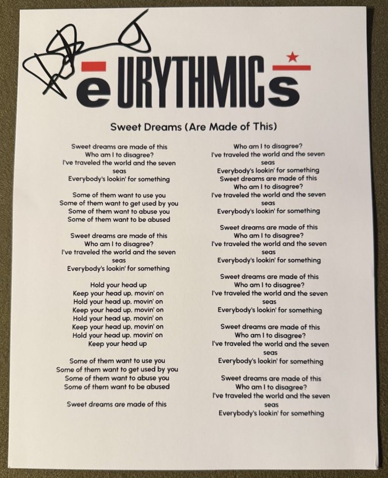 DAVE STEWART SIGNED LYRIC SHEET EURYTHMICS SWEET DREAMS AUTOGRAPH AUTHENTIC COA
