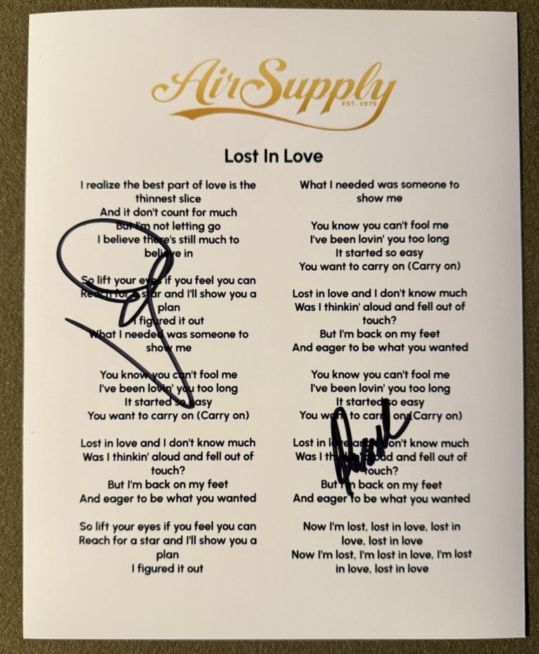 AIR SUPPLY SIGNED LYRIC SHEET LOST IN LOVE AUTOGRAPH AUTHENTIC COA