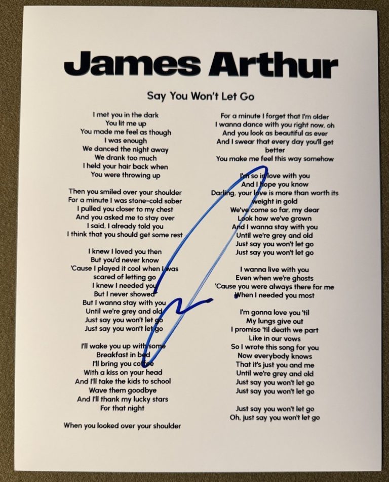 JAMES ARTHUR SIGNED LYRIC SHEET SAY YOU WON’T LET GO AUTOGRAPH AUTHENTIC COA