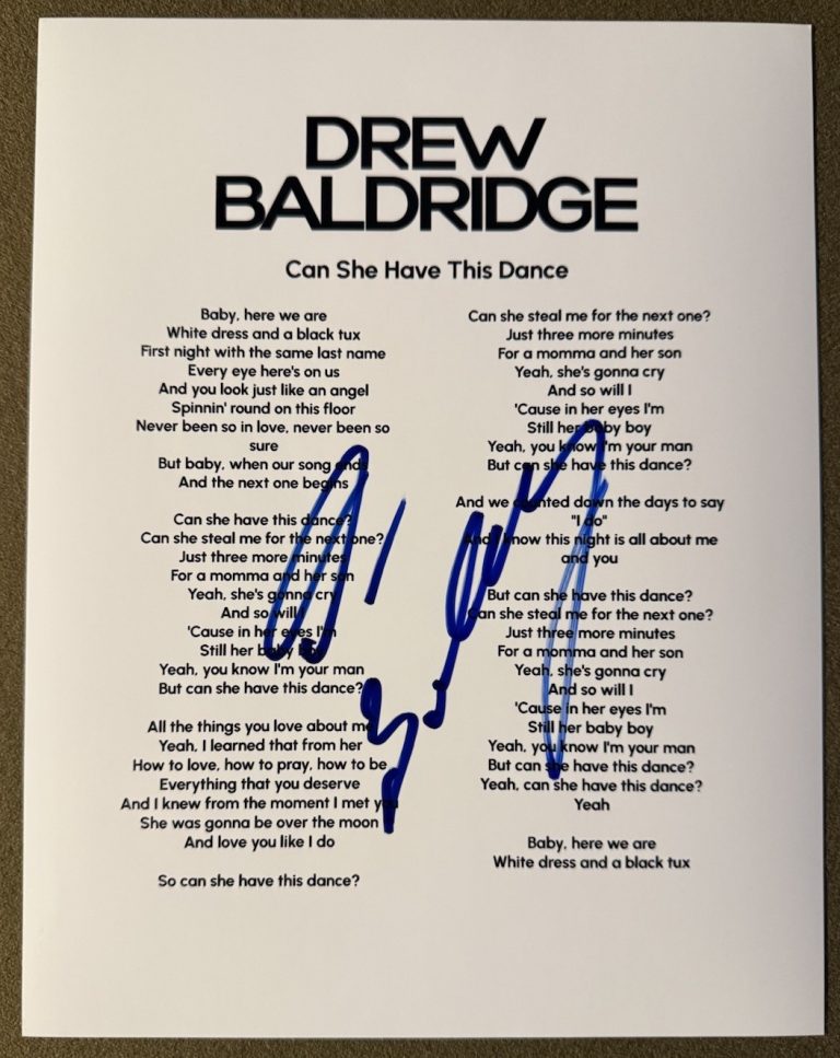 DREW BALDRIDGE SIGNED CAN SHE HAVE THIS DANCE LYRIC SHEET AUTOGRAPH COA