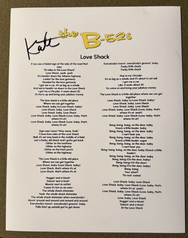 KATE PIERSON SIGNED LYRIC SHEET LOVE SHACK B-52S AUTOGRAPH AUTHENTIC COA