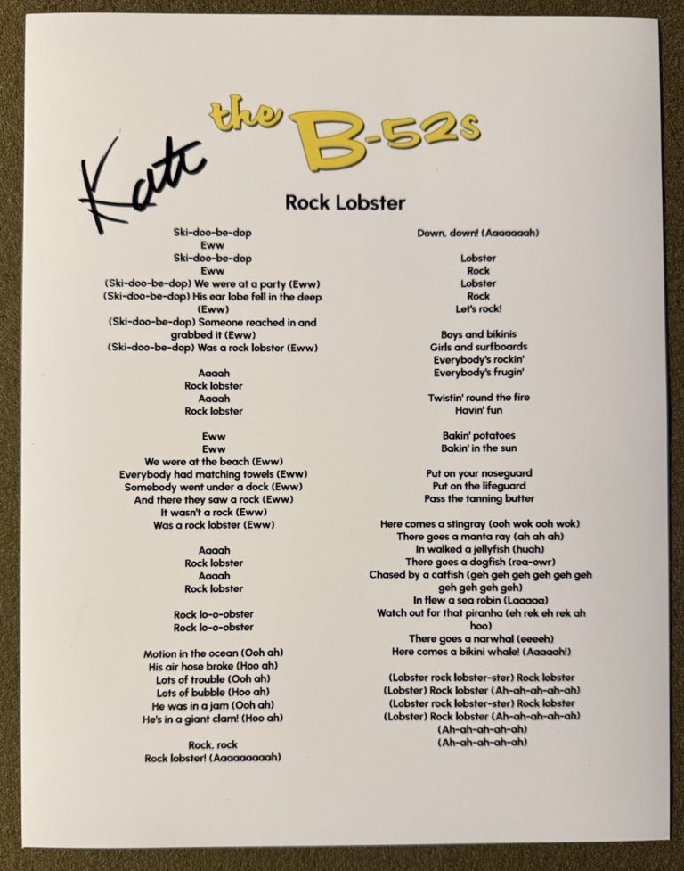 KATE PIERSON SIGNED LYRIC SHEET ROCK LOBSTER B-52S AUTOGRAPH AUTHENTIC COA