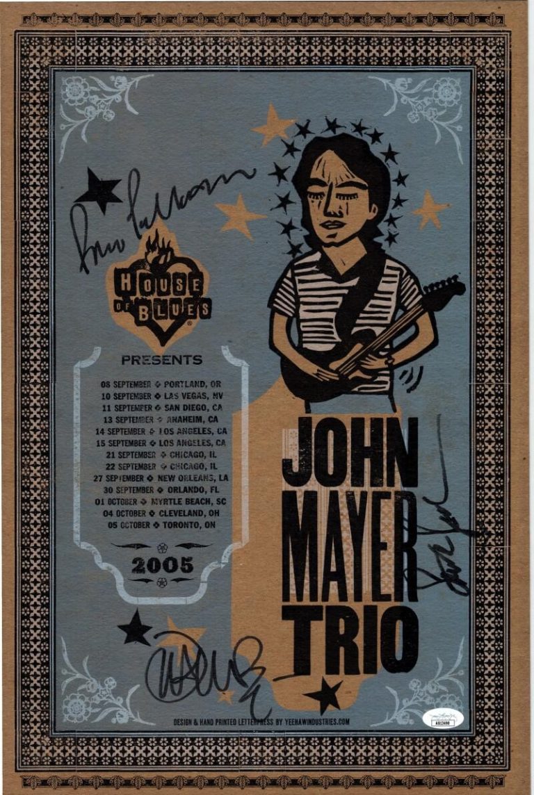 John Mayer Trio Signed Autograph 13x19 House Of Blues 2005 Tour Poster JSA COA