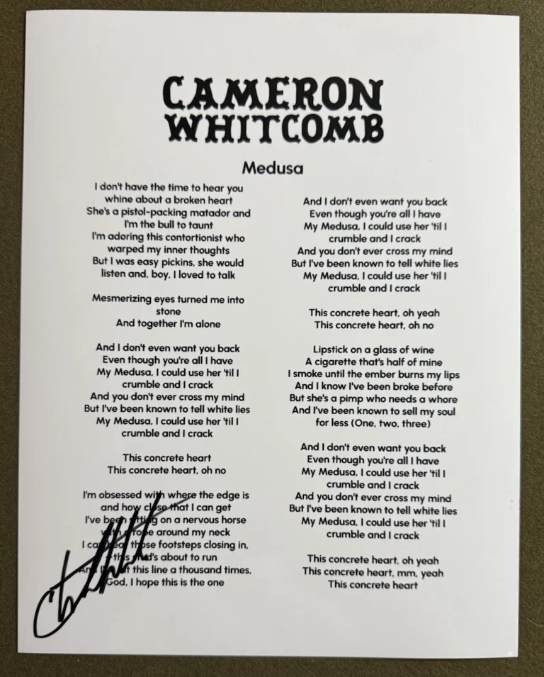 CAMERON WHITCOMB SIGNED LYRIC SHEET SINGER MEDUSA AUTOGRAPH AUTHENTIC COA