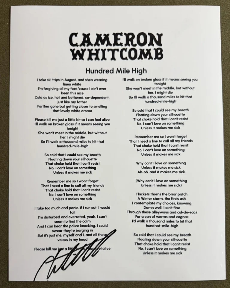 CAMERON WHITCOMB SIGNED LYRIC SHEET SINGER HUNDRED MILE HIGH AUTOGRAPH COA