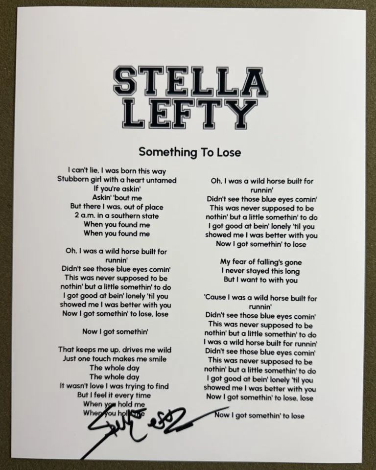 STELLA LEFTY SIGNED LYRIC SHEET SOMETHING TO LOSE AUTHENTIC AUTOGRAPH COA