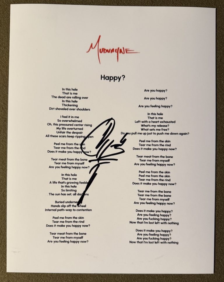 CHAD GRAY SIGNED LYRIC SHEET MUDVAYNE SINGER HAPPY? AUTOGRAPH AUTHENTIC COA