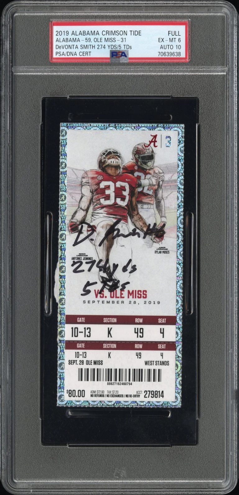 2019 Alabama Crimson Tide-Full 5 TDS Devonta Smith 274 Yds PSA 6