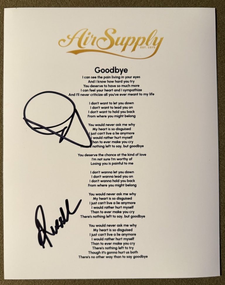 AIR SUPPLY SIGNED LYRIC SHEET GOODBYE AUTOGRAPH AUTHENTIC COA