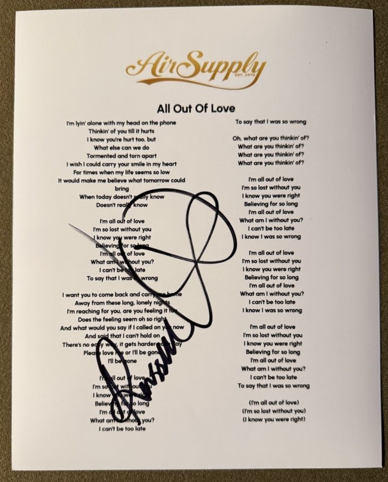 AIR SUPPLY SIGNED LYRIC SHEET ALL OUT OF LOVE AUTOGRAPH AUTHENTIC COA