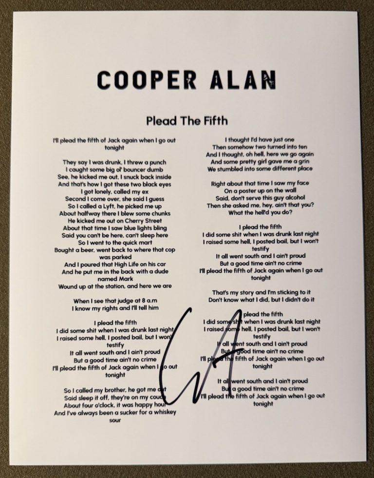 COOPER ALAN SIGNED PLEAD THE FIFTH LYRIC SHEET AUTOGRAPH COA