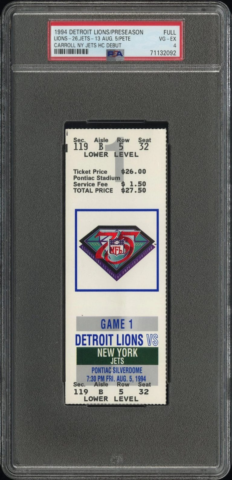 1994 Detroit Lions-Full Carroll Ny Jets HC Debut PSA 4