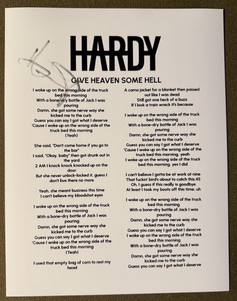 HARDY SIGNED LYRIC SHEET GIVE HEAVEN SOMD HELL COUNTRY SINGER AUTOGRAPH COA