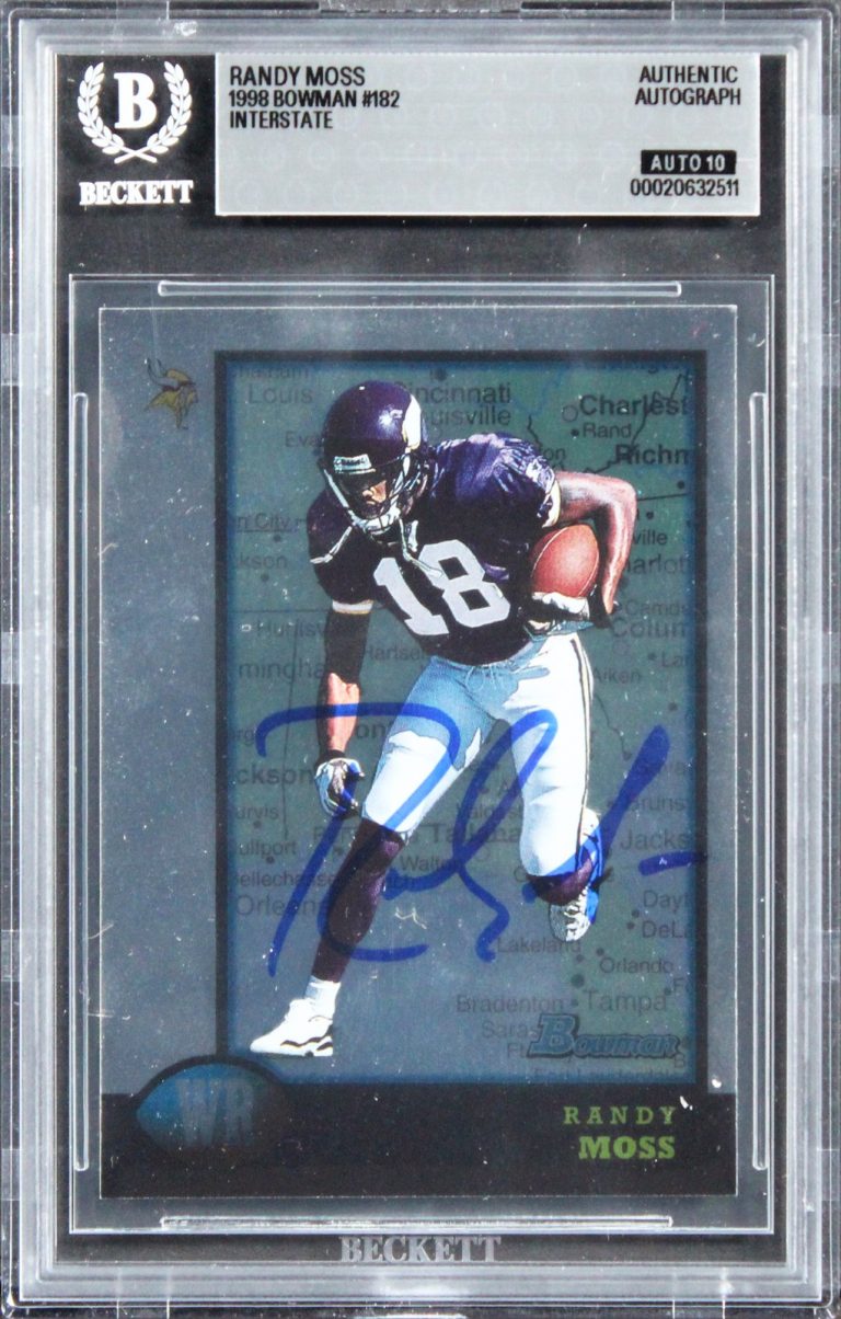 Vikings Randy Moss Signed 1998 Bowman Interstate #182 RC Card Auto 10! BAS Slab