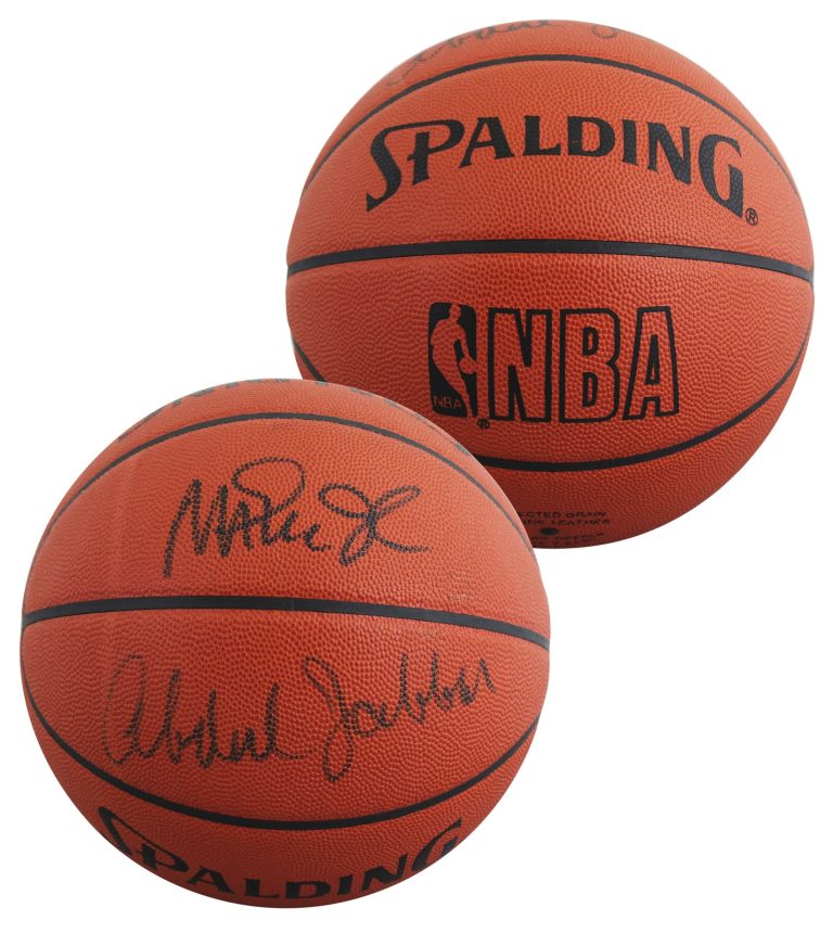 Lakers Magic Johnson & Kareem Abdul-Jabbar Signed Basketball BAS Wit #5W053810