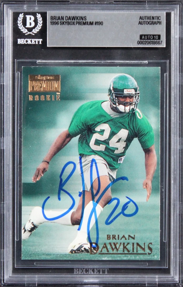 Eagles Brian Dawkins Signed 1996 Skybox Premium #190 RC Card Auto 10! BAS Slab
