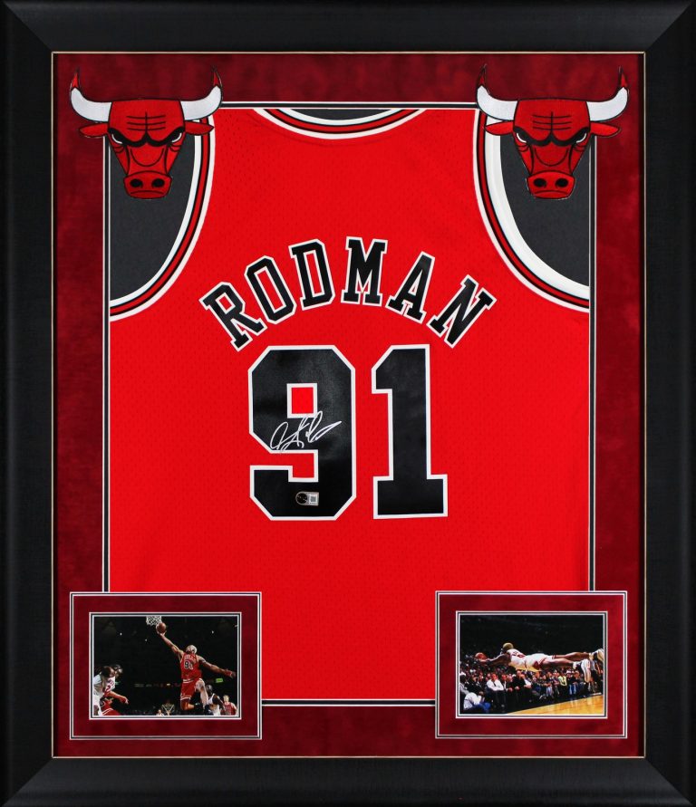 Bulls Dennis Rodman Signed Red M&N HWC Swingman Framed Jersey BAS Witnessed