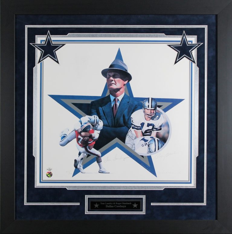Cowboys Roger Staubach & Tom Landry Signed & Framed 17x18 Litho LE #222/750 BAS